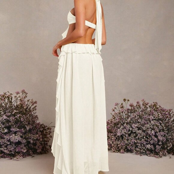 Apricot Sexy Women's Elegant Rosette Halter Neck Ruffle Maxi Dress - Picture 2 of 5